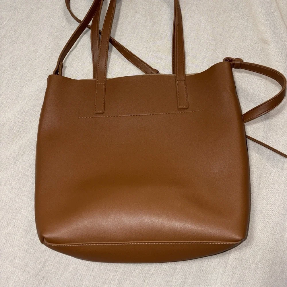Henny + Lev Danielle tote bag in a cognac brown vegan‎ leather finish Long Strap